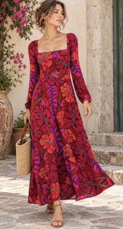 FARM Rio Dresses & Skirts - FARM Rio Floral Dress XL Red Pink Tropical Square Neck Long Sleeve Maxi
